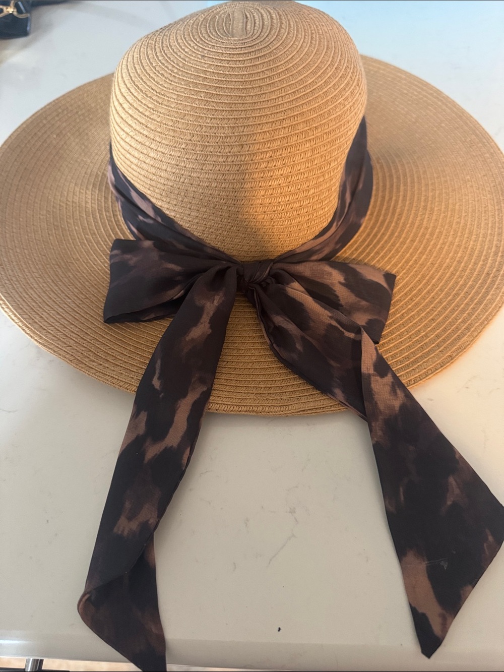 Haute Hippie Tan Straw Sun Hat with Brown Scarf Tie